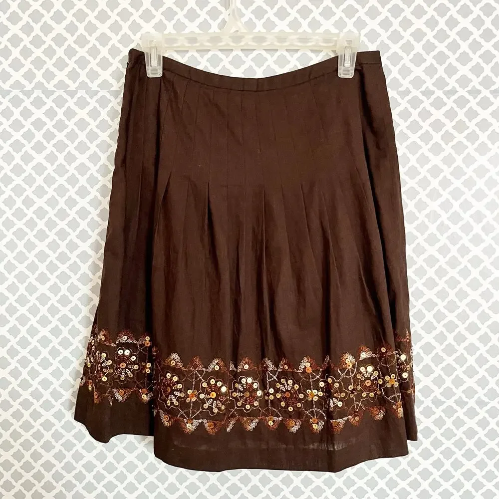 ANN TAYLOR LOFT Petite Brown Pleated Skirt With Sequin Hem, 4P